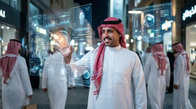 رجل سعودي يتفاعل مع شاشات الهولوغرام الذكية في الليل