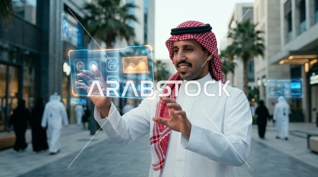 رجل سعودي يتفاعل مع شاشة هولوغرامية في مدينة حديثة