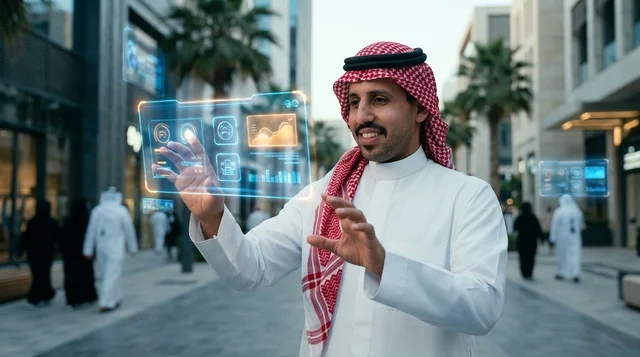 رجل سعودي يتفاعل مع شاشة هولوغرامية في مدينة حديثة