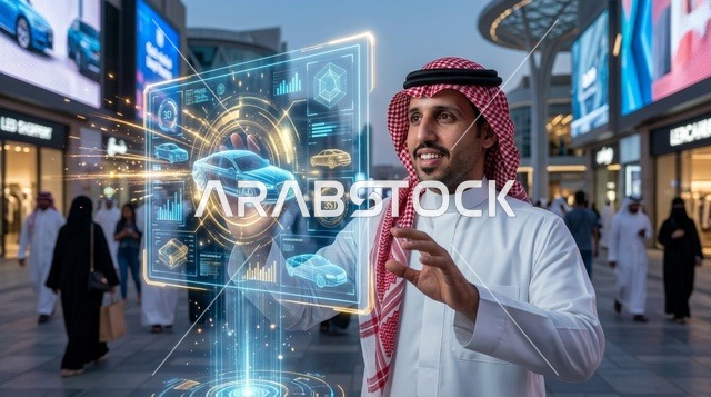 رجل سعودي يتفاعل مع شاشة هولوغرام ذكية للسيارات