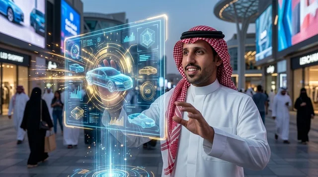 رجل سعودي يتفاعل مع شاشة هولوغرام ذكية للسيارات