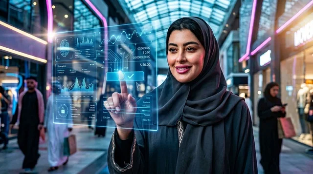 سيدة سعودية بالعباءة تستخدم شاشة هولوغرام في مول