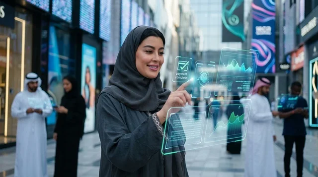 امرأة إماراتية تستخدم شاشة هولوغرام مستقبلية في دبي