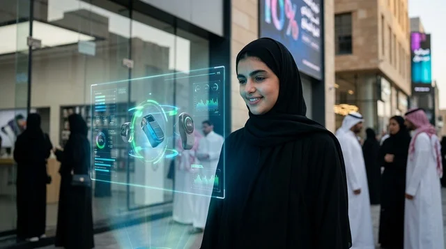 Saudi Woman Interacting with Digital Hologram Shopping