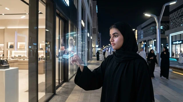 Emirati Woman Interacting with Hologram Display at Night