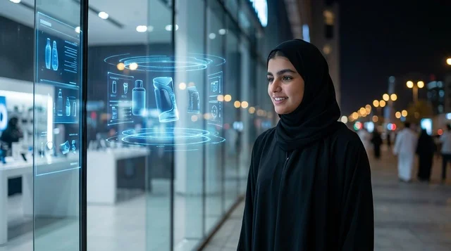 امرأة إماراتية تنظر إلى شاشة عرض هولوغرافية ليلاً