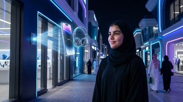 Saudi Woman in Abaya Shopping at Futuristic Neon Mall