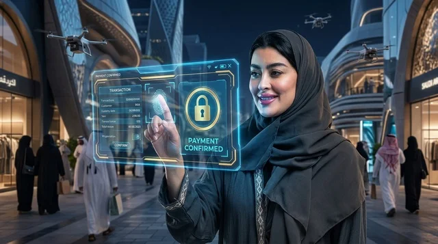 امرأة سعودية تستخدم نظام الدفع الهولوجرامي المستقبلي