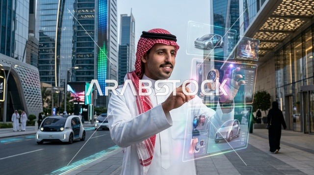 رجل سعودي يستخدم تقنية الهولوغرام المستقبلية بالرياض