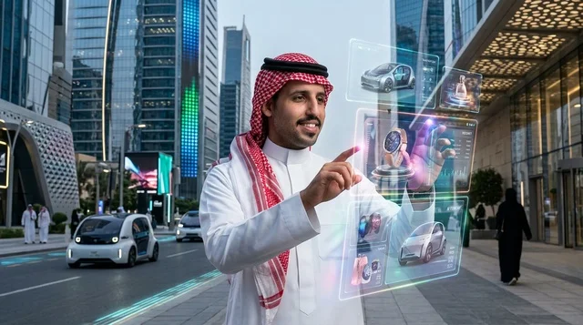 رجل سعودي يستخدم تقنية الهولوغرام المستقبلية بالرياض