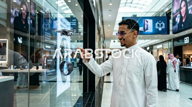 شاب سعودي بالثوب يتفاعل مع شاشة ذكية في مركز تسوق