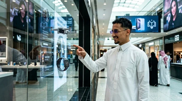 شاب سعودي بالثوب يتفاعل مع شاشة ذكية في مركز تسوق