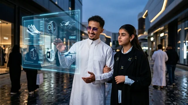 زوجان سعوديان يتسوقان عبر شاشة هولوغرامية تفاعلية