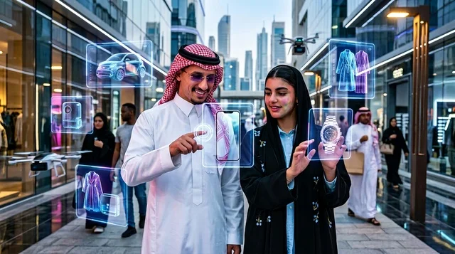 زوجان سعوديان يتفاعلان مع شاشات تسوق ثلاثية الأبعاد