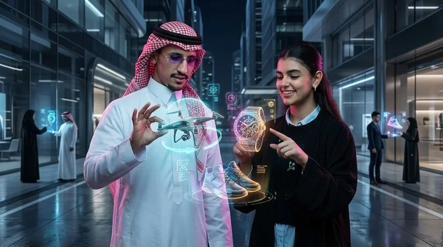 رجل سعودي وامرأة يتفاعلان مع هولوغرام المستقبل ليلا