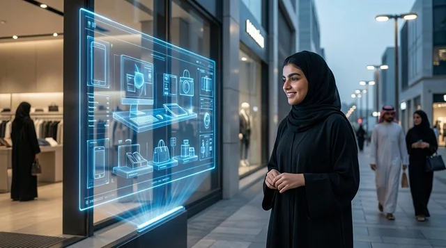 امرأة سعودية تنظر إلى شاشة هولوغرام للتسوق الذكي