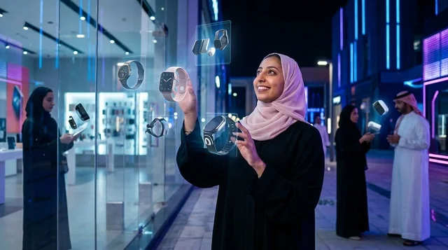 امرأة سعودية تتفاعل مع عرض هولوغرامي لساعات ذكية ليلا