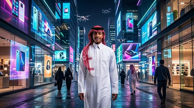 Saudi Man in Traditional Thobe on Futuristic Night Street