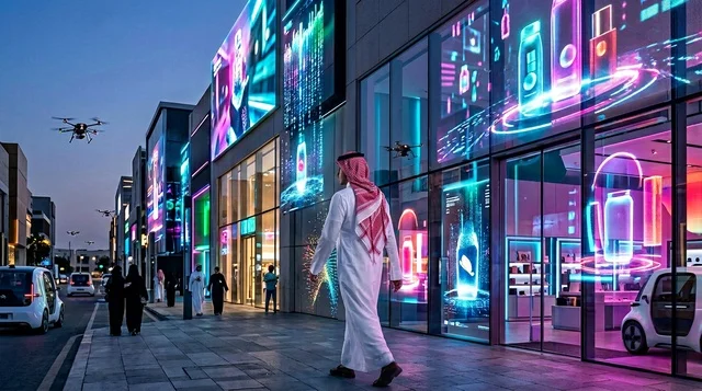 رجل سعودي بالزي التقليدي في شارع تسوق مستقبلي ذكي