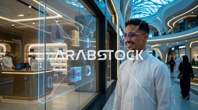 رجل سعودي بالثوب التقليدي ينظر لشاشة تفاعلية بمول