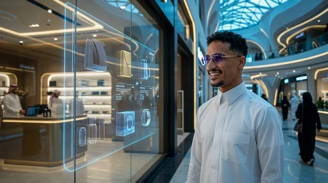 رجل سعودي بالثوب التقليدي ينظر لشاشة تفاعلية بمول