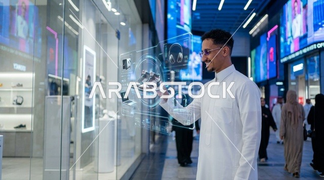 شاب سعودي يتسوق باستخدام شاشة هولوجرام تفاعلية ذكية