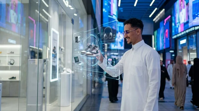 Saudi Man Using Holographic Screen for Smart Shopping