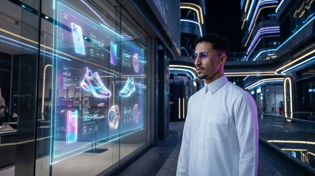 Saudi Man Looking at Futuristic Hologram Storefront Window