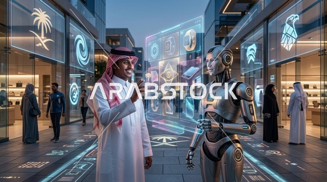 رجل سعودي يتفاعل مع روبوت وشاشة هولوغرام في مدينة مستقبيلة