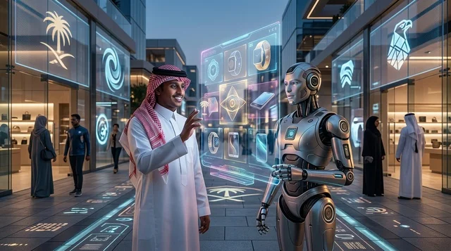 رجل سعودي يتفاعل مع روبوت وشاشة هولوغرام في مدينة مستقبيلة