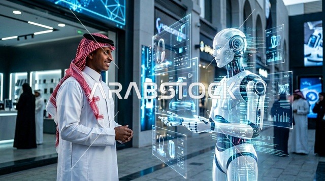 رجل سعودي يتفاعل مع روبوت ذكاء اصطناعي في مدينة مستقبلية
