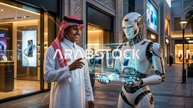 رجل سعودي يتفاعل مع هولوغرام روبوت في مركز تسوق حديث