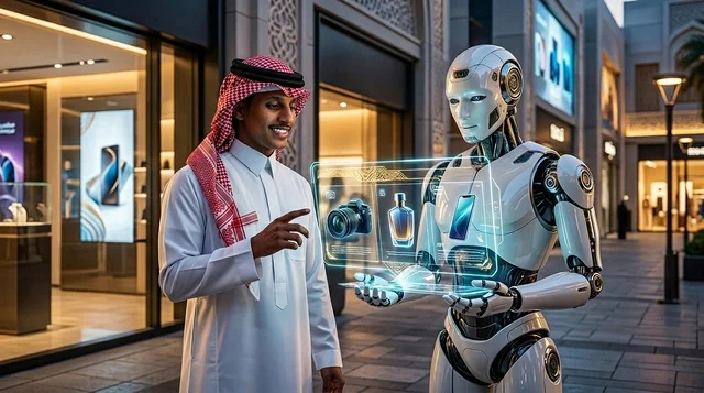 رجل سعودي يتفاعل مع هولوغرام روبوت في مركز تسوق حديث