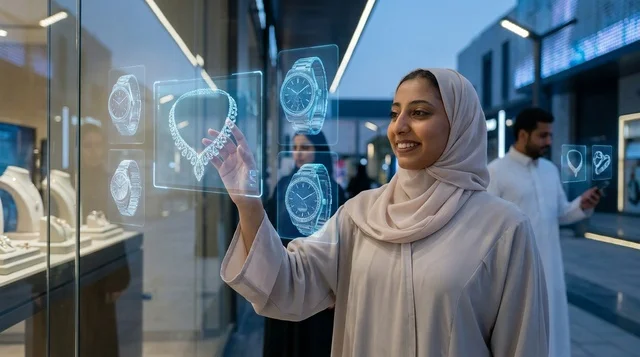 امرأة إماراتية تتفاعل مع شاشة هولوغرام ذكية في المساء