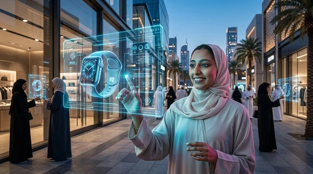 امرأة إماراتية تتفاعل مع هولوغرام ساعة ذكية في دبي