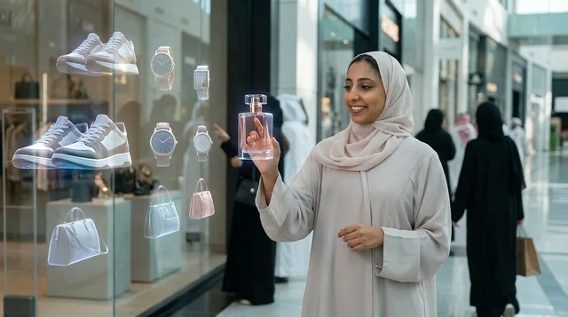 امرأة سعودية تتفاعل مع شاشة هولوجرام في مركز تسوق