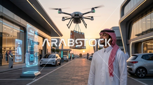 رجل سعودي يشاهد طائرة توصيل ذكية في مدينة مستقبلية