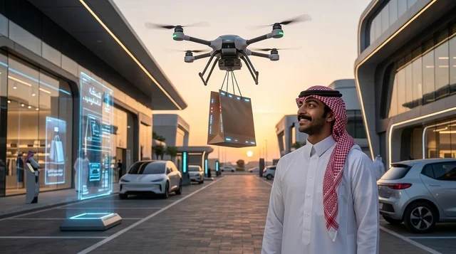 رجل سعودي يشاهد طائرة توصيل ذكية في مدينة مستقبلية