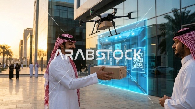 Saudi Men Receiving Drone Delivery in Modern Smart City