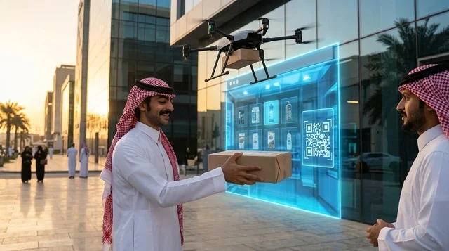رجال سعوديون يستلمون طرداً عبر الدرون في مدينة ذكية