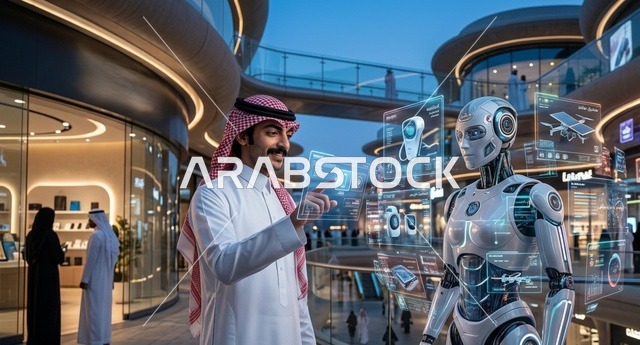 رجل سعودي يتفاعل مع روبوت في مركز تسوق مستقبلي