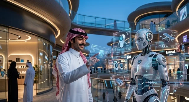 رجل سعودي يتفاعل مع روبوت في مركز تسوق مستقبلي
