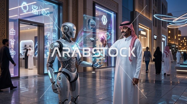 Saudi Man Interacting with Robot in Futuristic City