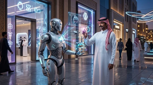 رجل سعودي يتفاعل مع إنسان آلي ذكي في مدينة مستقبلية