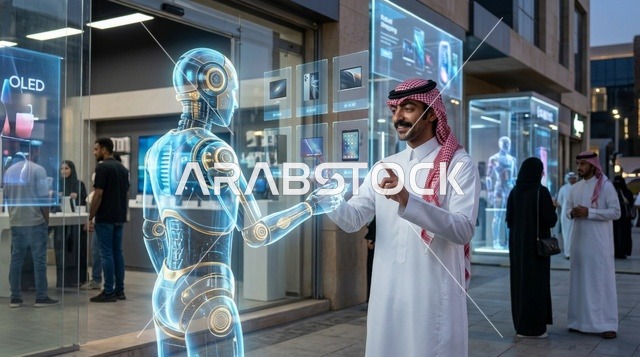 رجل سعودي يتفاعل مع مساعد روبوت هولوغرام ذكي أمام متجر