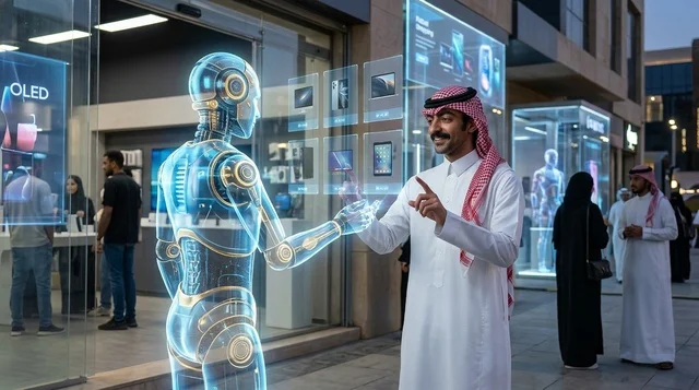 Saudi Man Interacting with Hologram Robot Assistant