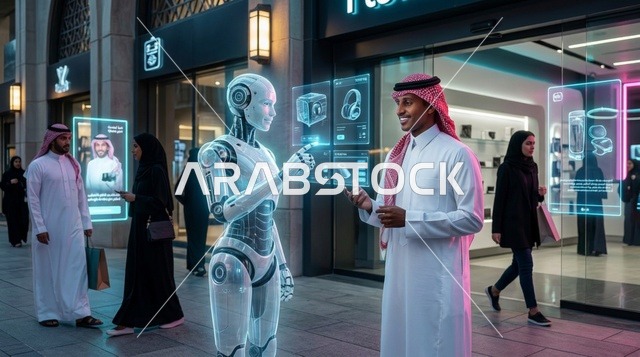 Saudi Man Interacting with AI Robot and Holograms