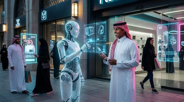 رجل سعودي يتفاعل مع روبوت ذكاء اصطناعي وهولوغرام