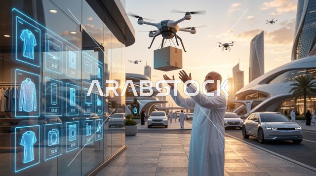 رجل خليجي يستلم طرداً من طائرة بدون طيار في مدينة مستقبلية