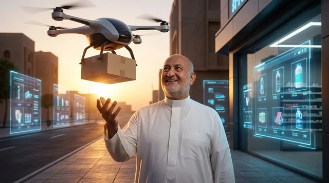 رجل سعودي مع طائرة درون لتوصيل الطرود في مدينة ذكية